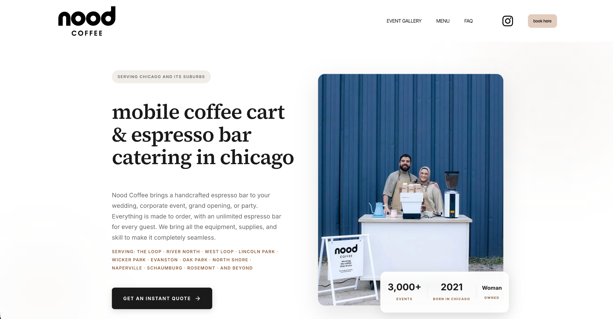 Nood Coffee website: A clear introduction, a human face, and a direct path to an event quote.
