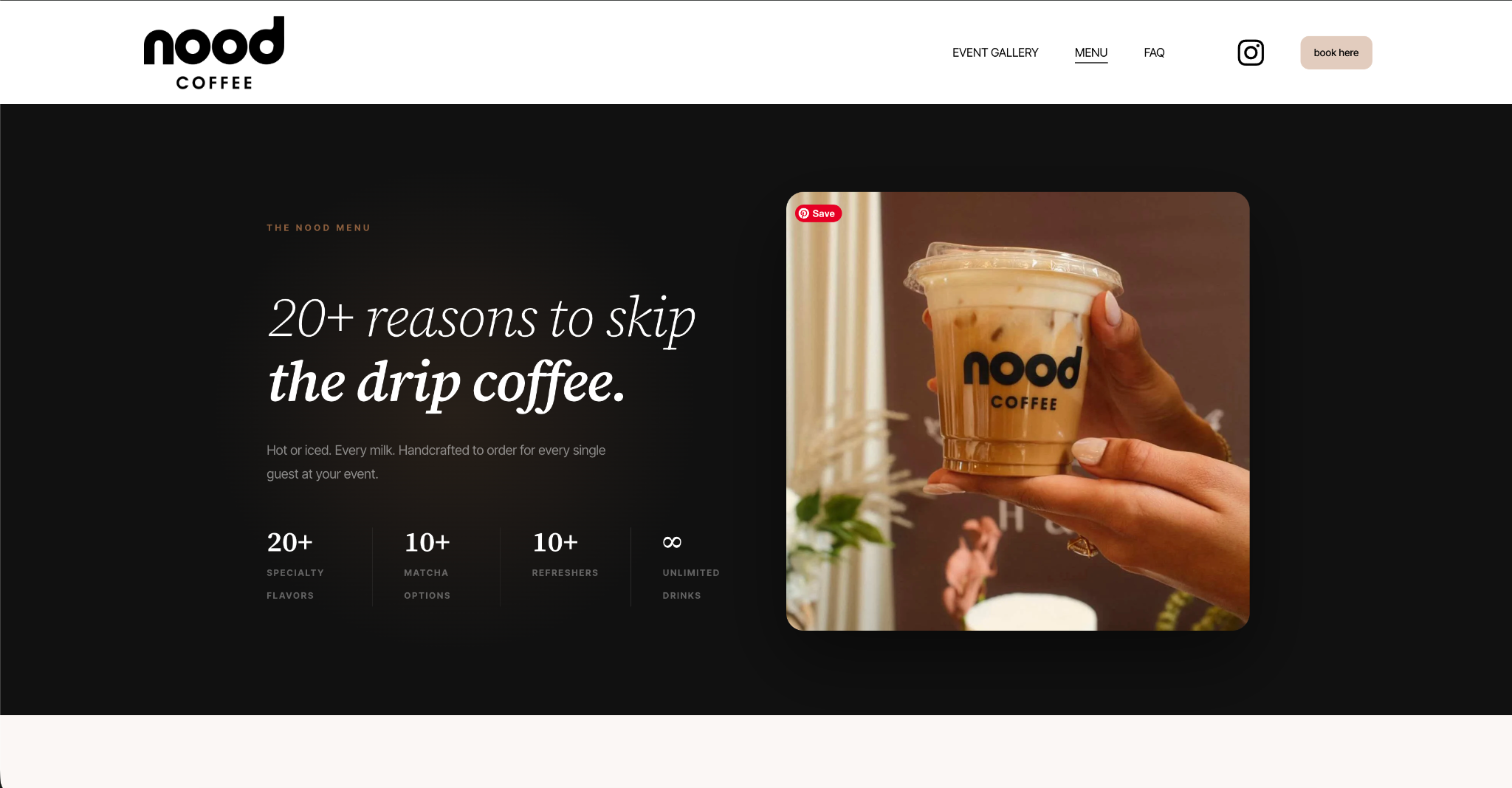 Nood Coffee website: A dark, photograph-led opening puts the product and its variety in focus.