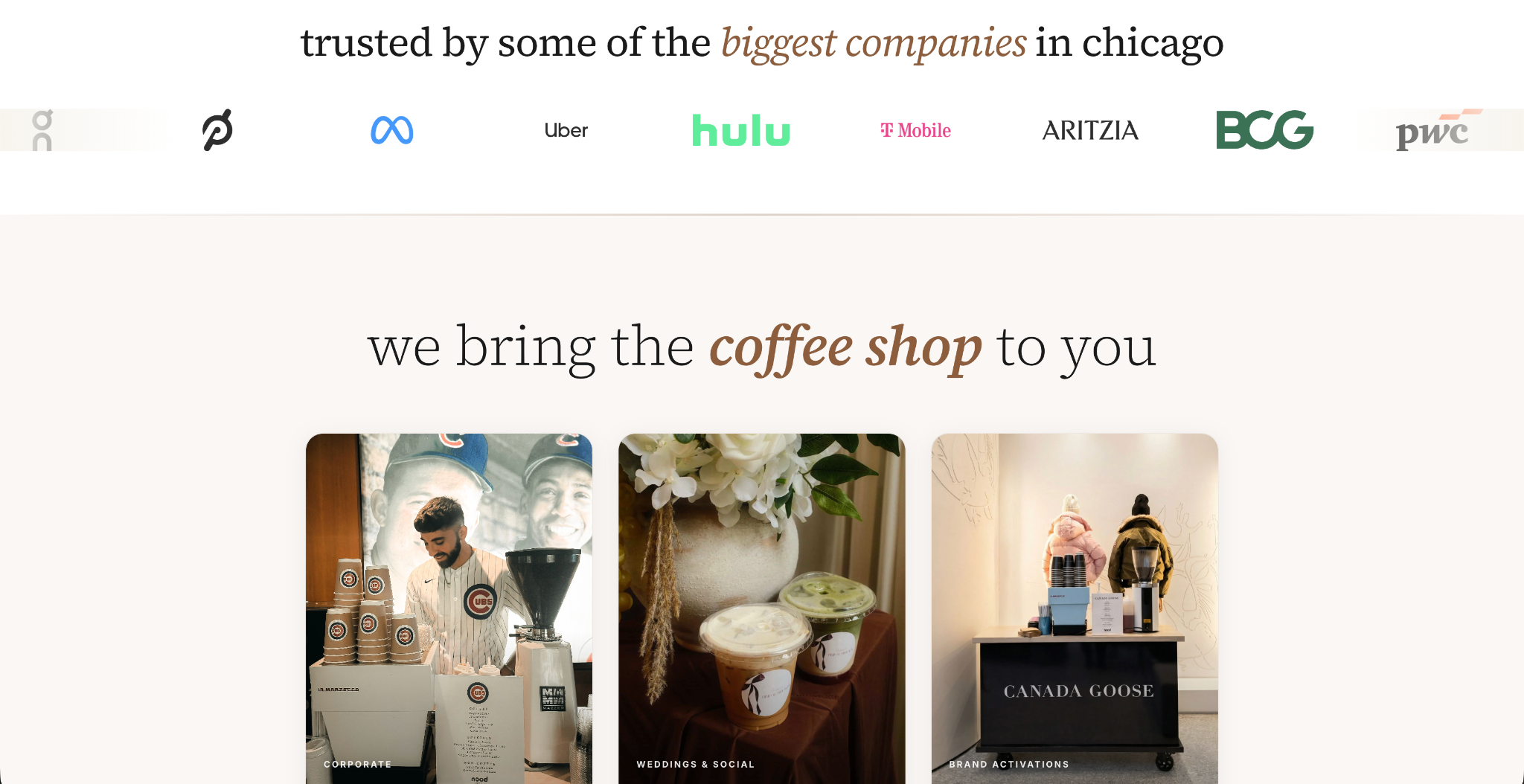 Nood Coffee website: Client logos and event categories connect the offering to different kinds of gatherings.