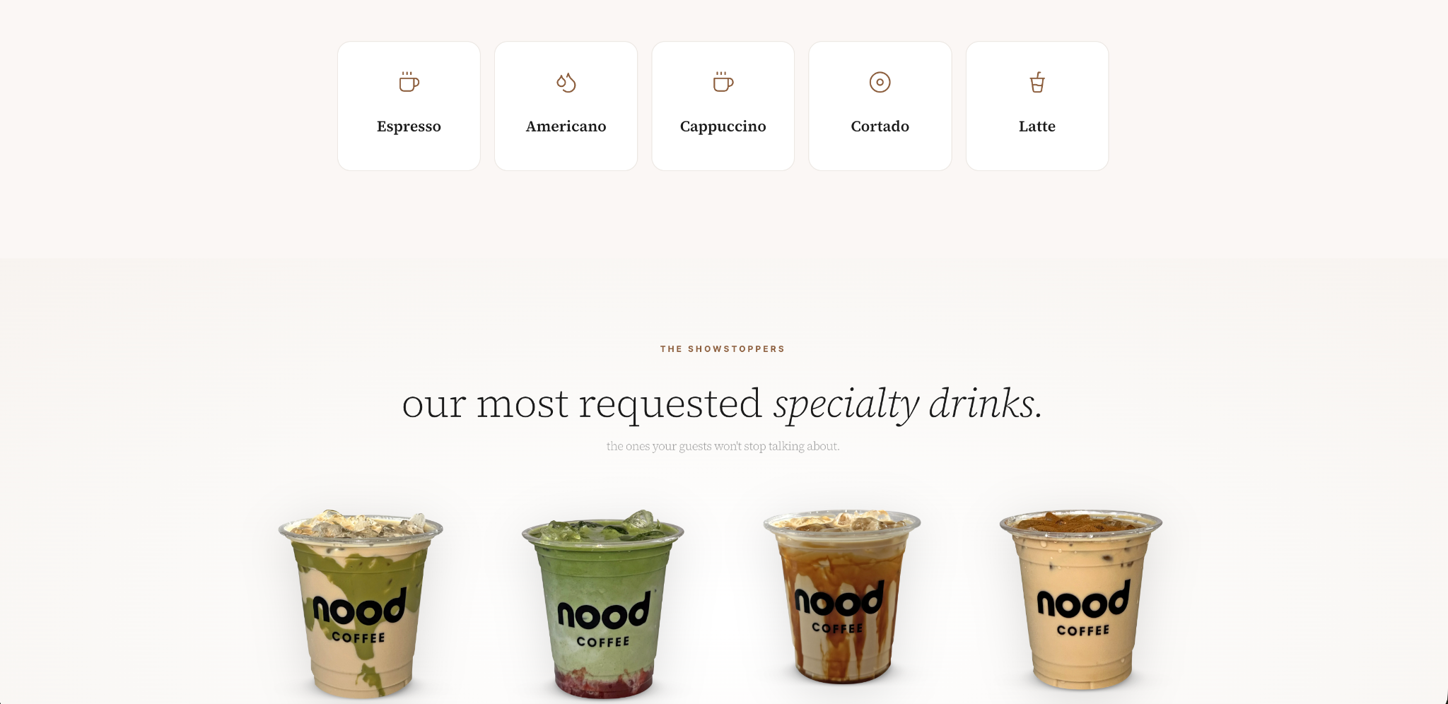 Nood Coffee website: Familiar espresso choices lead into a visual lineup of specialty drinks.